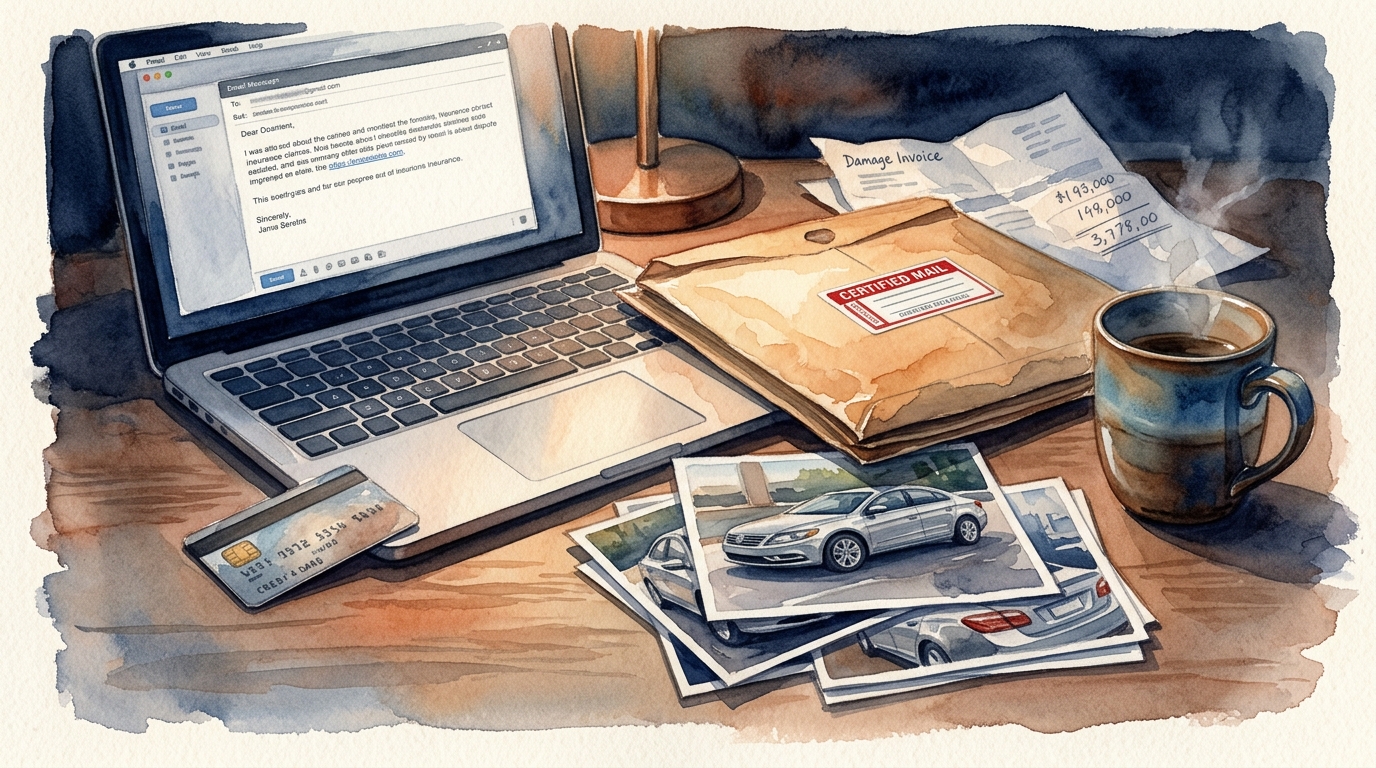 Watercolor illustration of a desk scene showing the fight-back moment: a credit card lying face-up next to an open laptop displaying an email draft