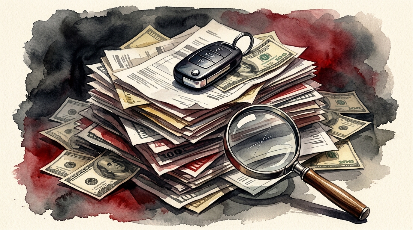 Watercolor illustration of a single shiny rental car key fob resting on top of a towering, precarious stack of crumpled invoices, repair bills, and, representing rental car damage scam how to fight