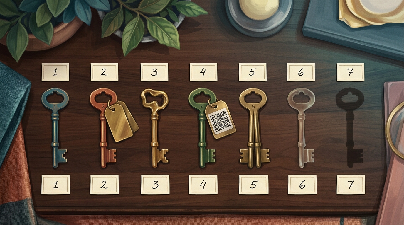 Watercolor illustration of an overhead flat-lay on a dark walnut museum-display surface: seven small numbered brass hotel keys arranged in a precis