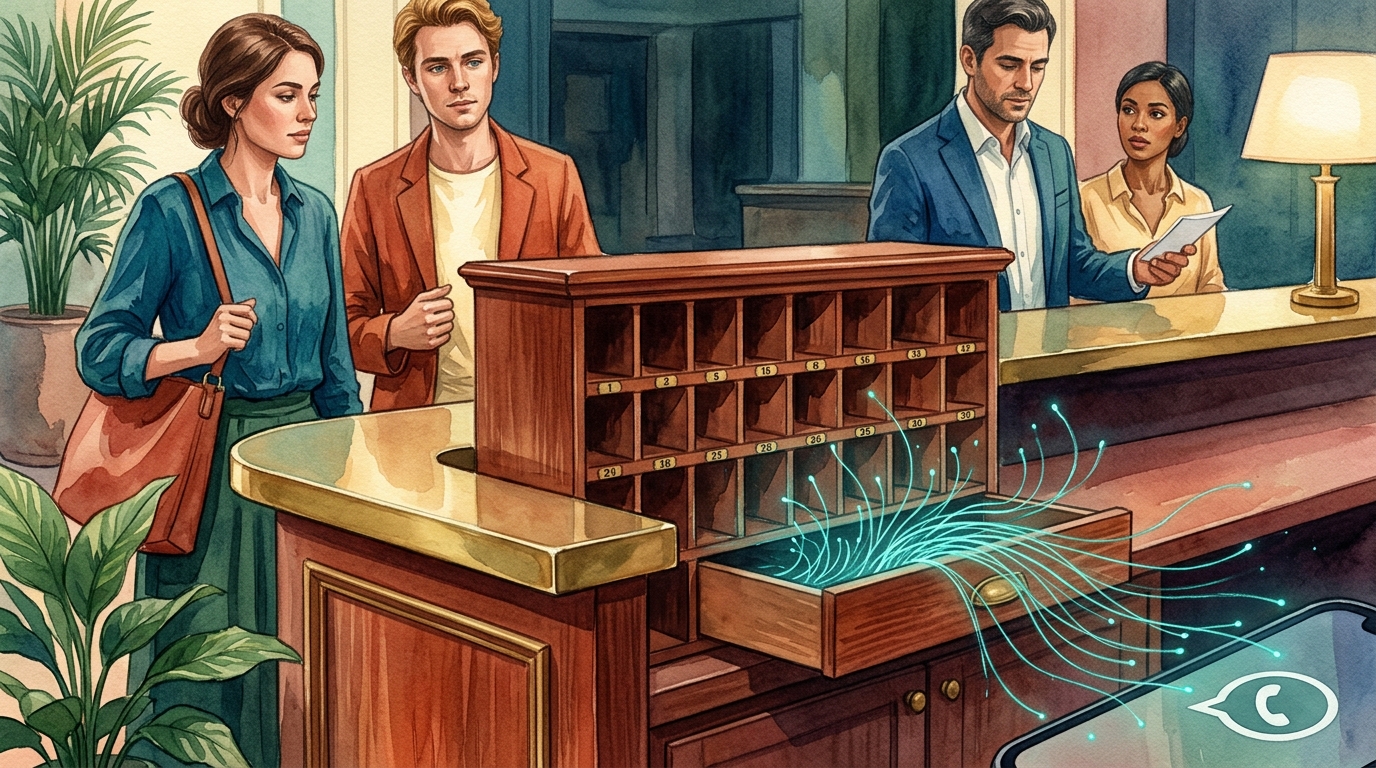 Watercolor illustration of a vintage wooden hotel front-desk key cabinet on a brass-trimmed reception counter, dozens of small numbered cubbies vis