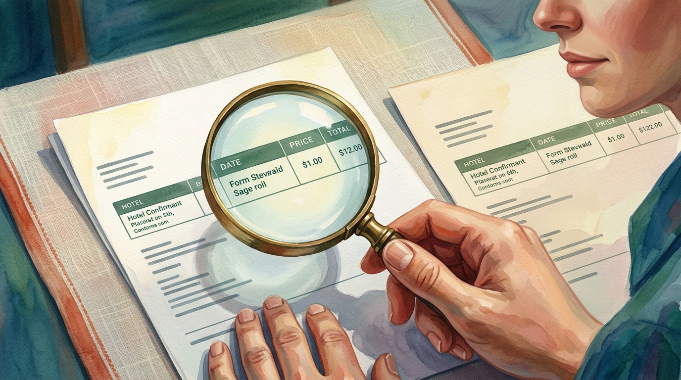 Watercolor illustration of a hand holding a vintage brass magnifying glass over a printed hotel booking confirmation laid flat on a linen tableclot