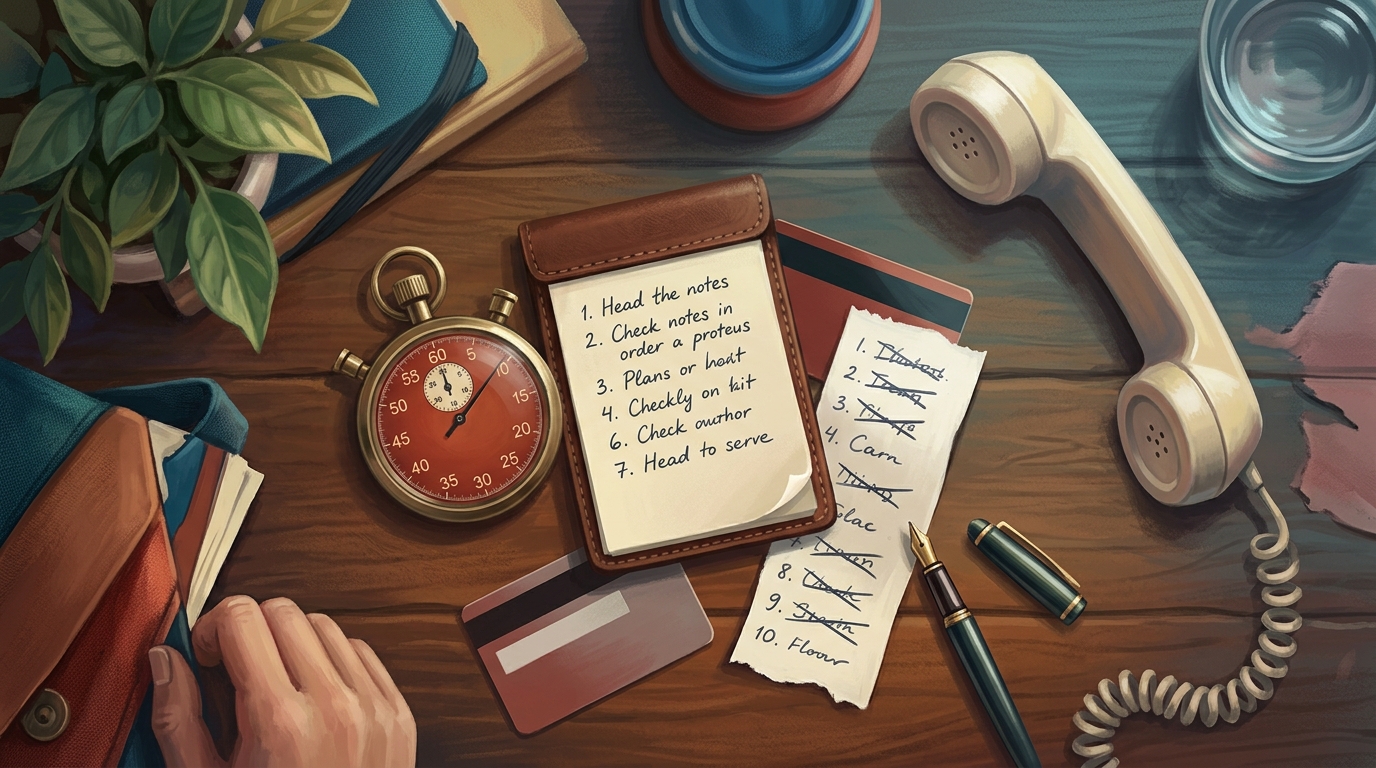 Watercolor illustration of an overhead emergency-kit still life on a worn oak desk: a brass stopwatch with its second hand frozen mid-sweep, a smal