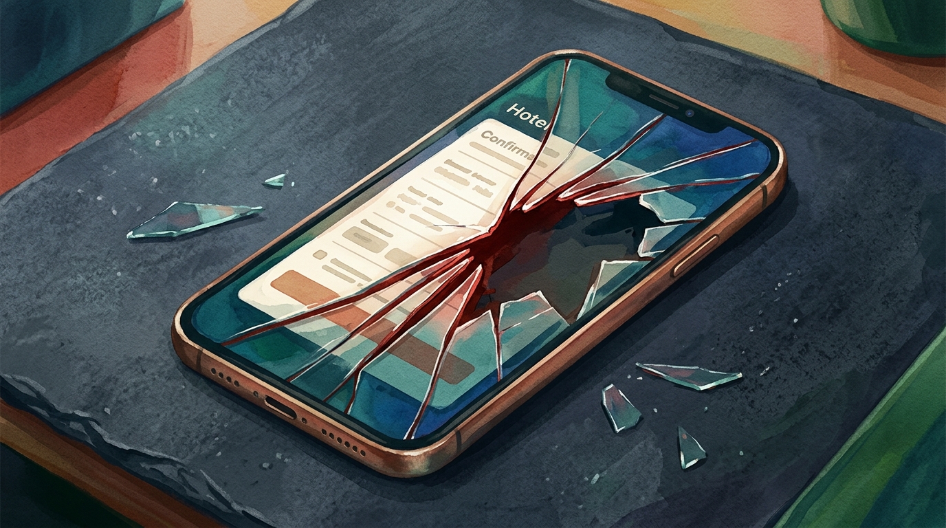 Watercolor illustration of a single smartphone lying face-up on a dark slate desk, its screen showing a perfect-looking hotel booking confirmation , representing AI travel scams 2026