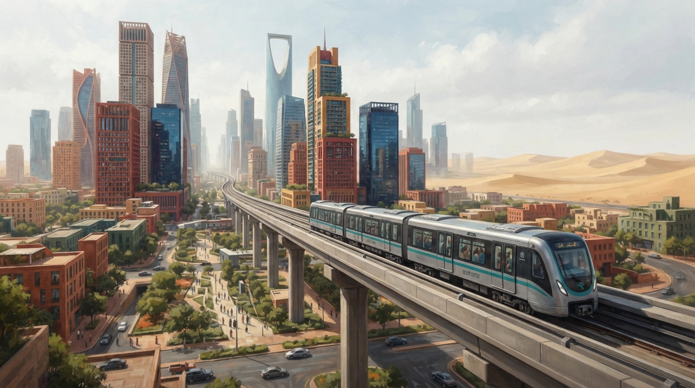 Editorial illustration of An elevated driverless metro train speeds along raised tracks through Riyadh's King Abdullah Financial District, glass t
