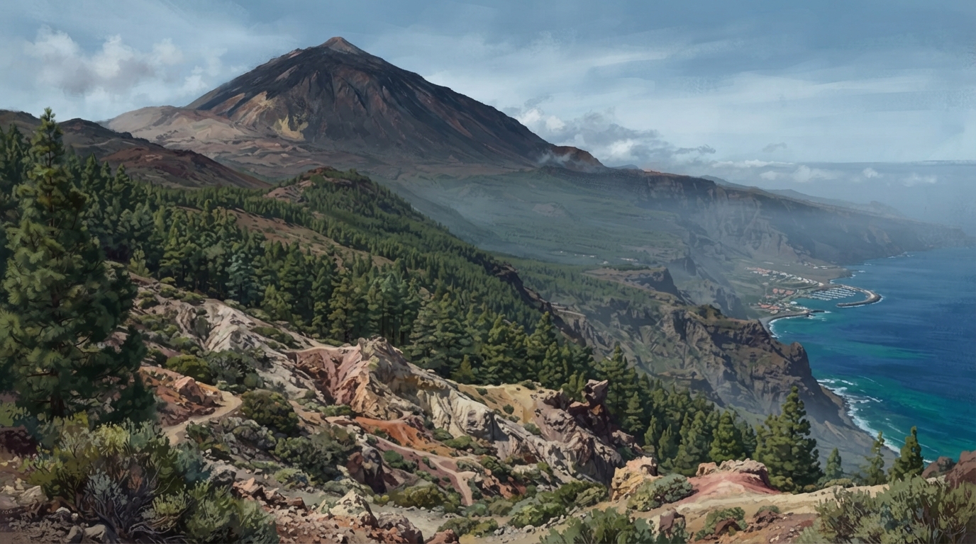 Editorial illustration of A dramatic volcanic landscape on Tenerife, Mount Teide's dark cindery summit rising above layered pine forest and pale v