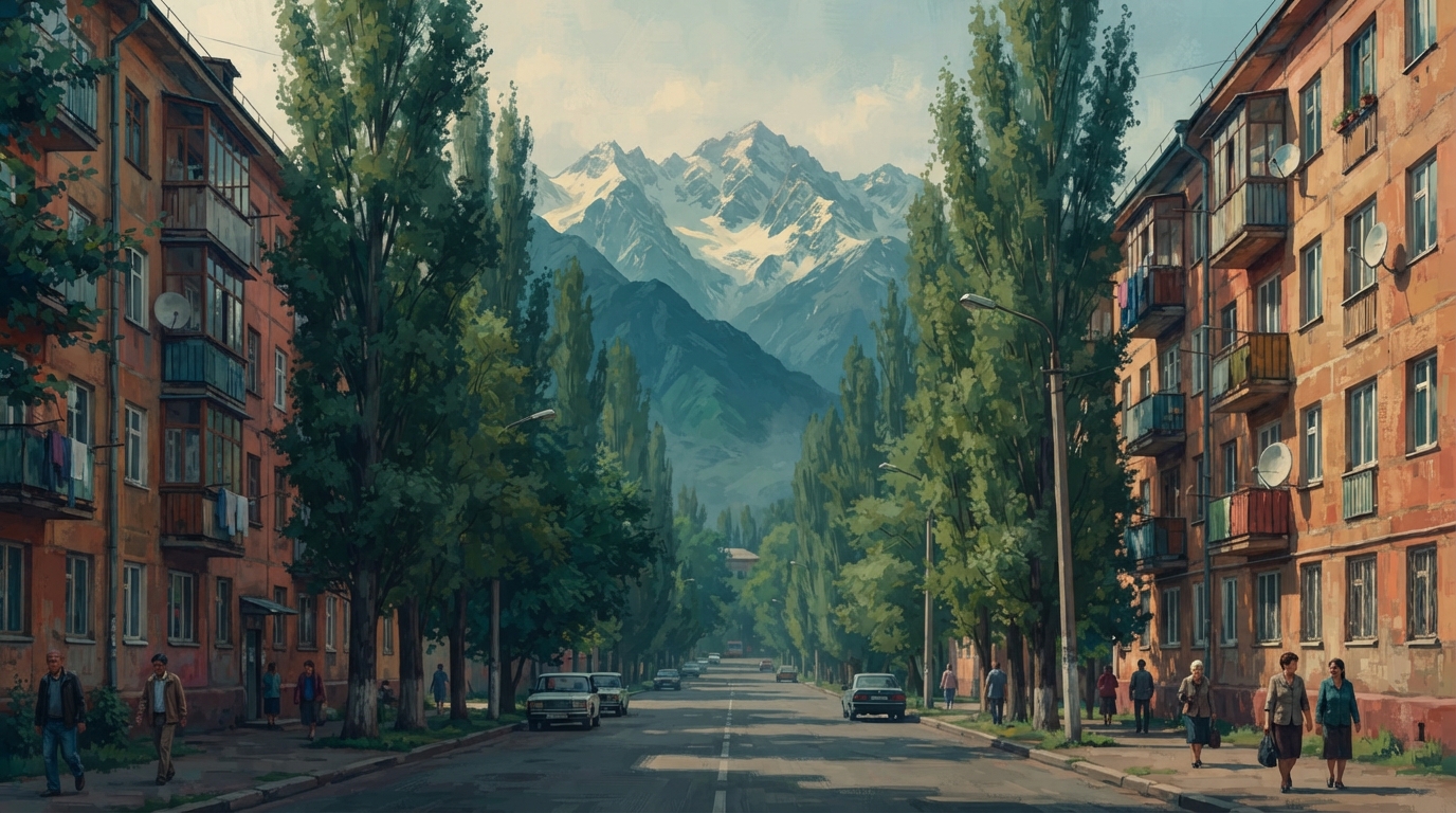 Editorial illustration of A quiet Almaty avenue lined with aging Soviet-era apartment blocks and tall poplar trees, the jagged snow-capped Trans-I