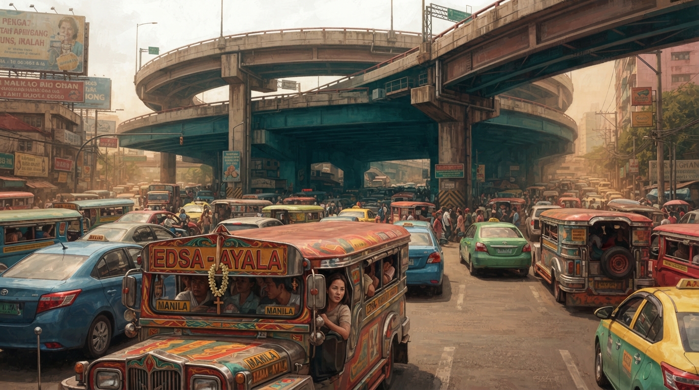 Editorial illustration of A dense tangle of brightly painted jeepneys and taxis gridlocked beneath looping elevated highway ramps in Manila, heat 