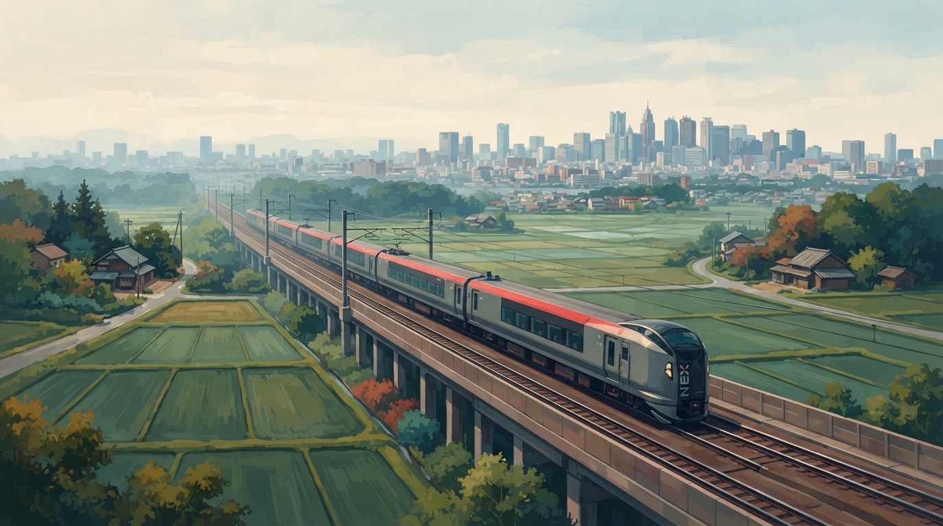 Editorial illustration of A sleek Narita Express train glides through misty green countryside toward a distant Tokyo skyline, its aerodynamic nose