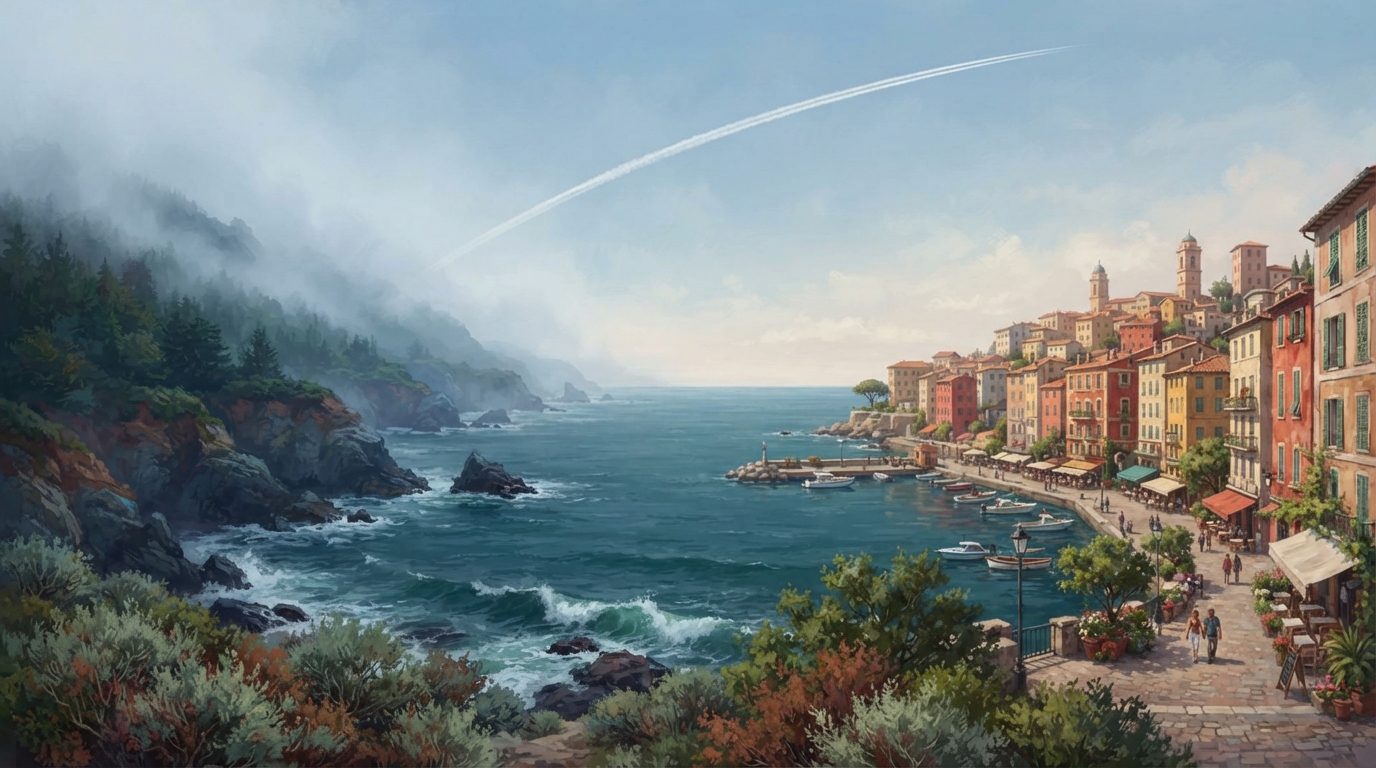 Editorial illustration of A single continuous coastal panorama where fog-draped Pacific bluffs on one side dissolve seamlessly into sun-warmed Med