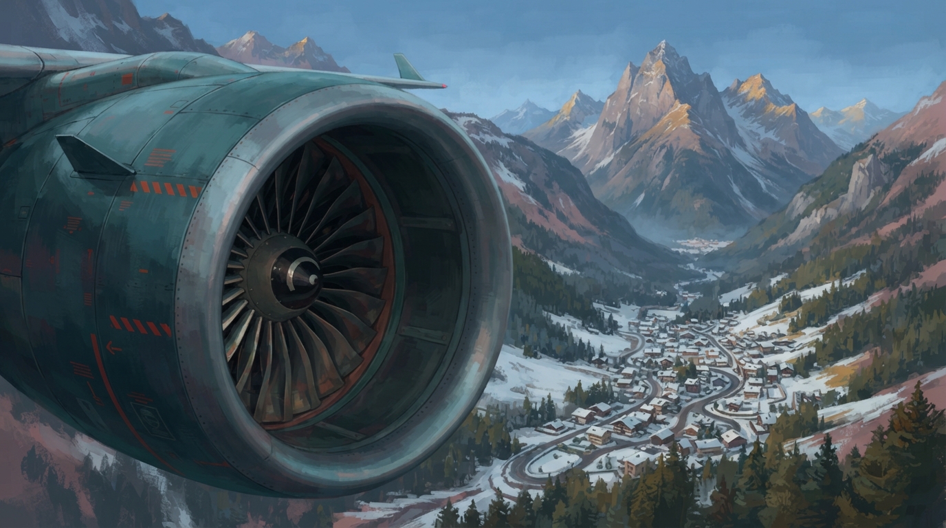 Editorial illustration of An immense wide-body jet turbine engine, blades gleaming, fills the foreground while a tiny, snow-dusted mountain valley, representing new direct flights 2027