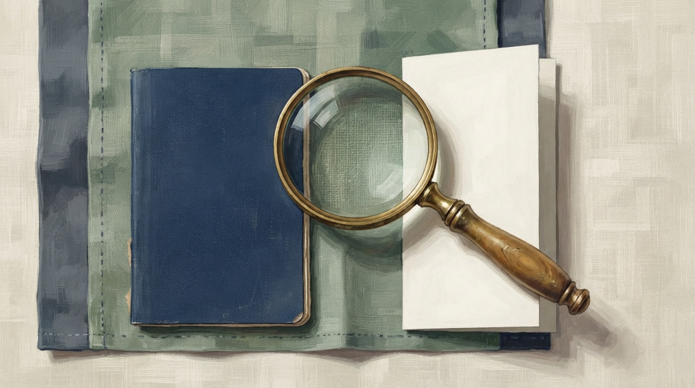 Editorial illustration of Overhead flat-lay of two similar-looking travel documents placed side by side on a linen tablecloth: a small navy author