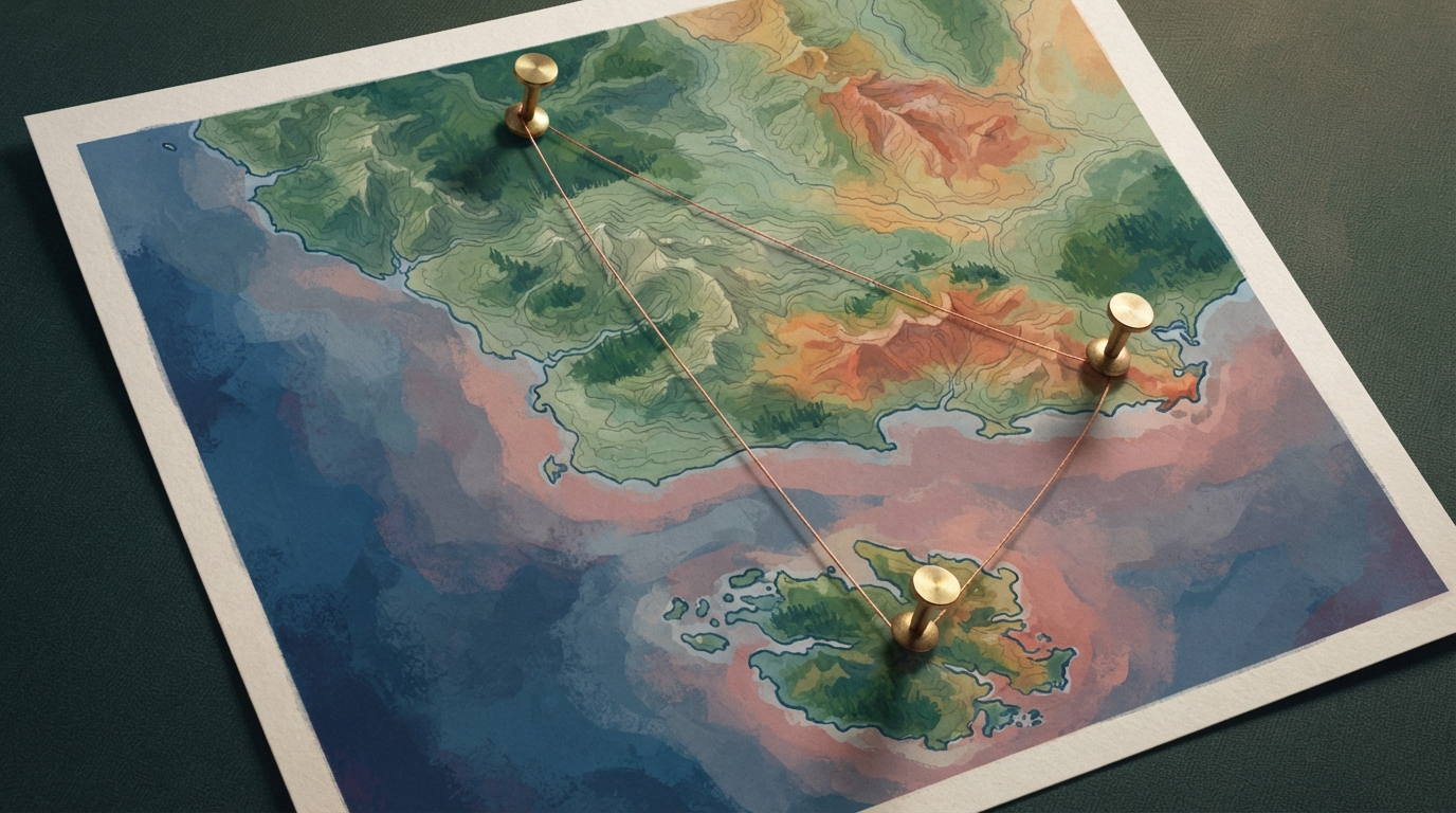 Editorial illustration of Illustrated topographic chart of a peninsula-and-island coastline, unmarked with no text or labels anywhere, three brass