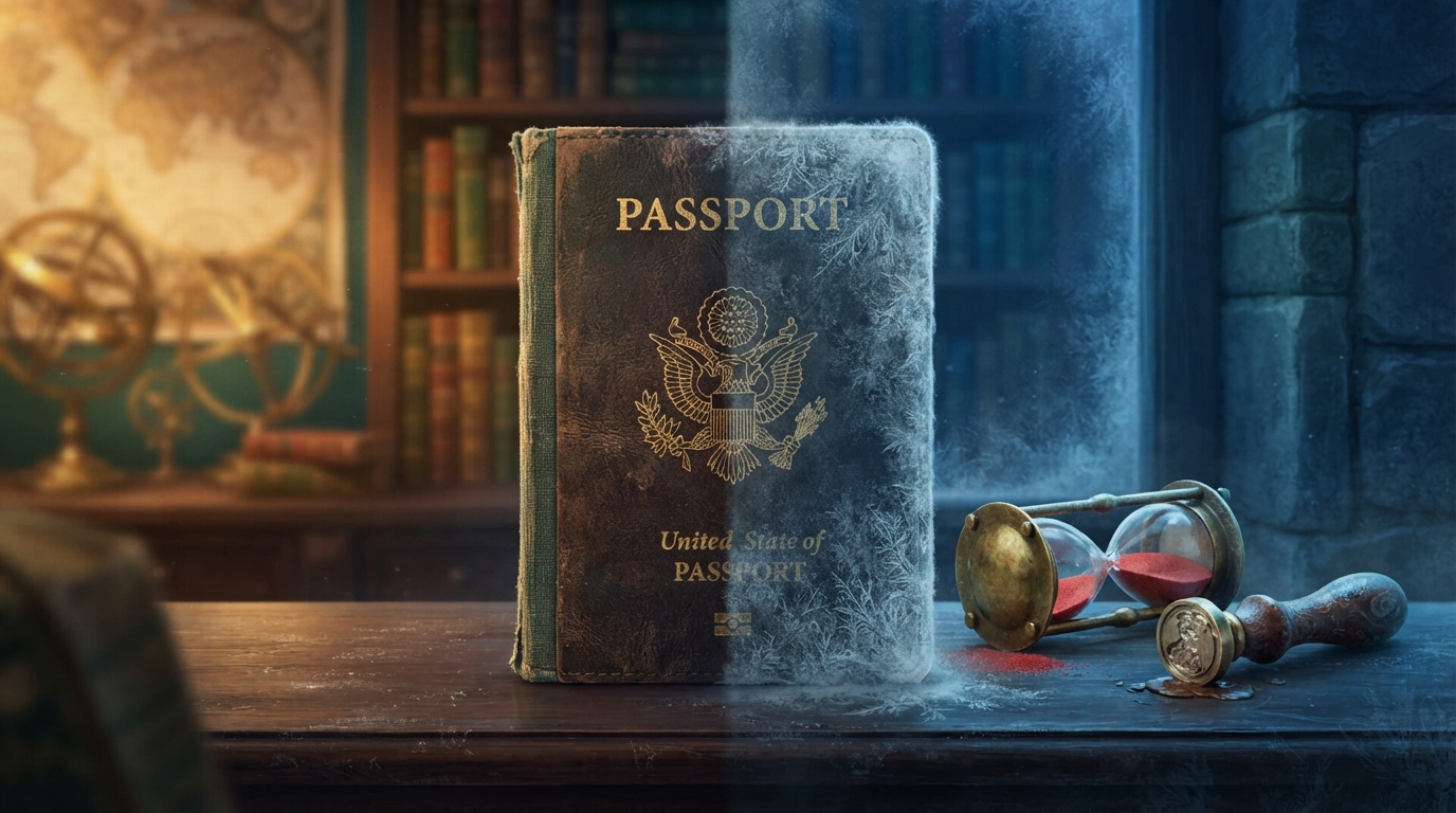 Editorial illustration of A weathered leather passport standing upright on a dark wood counter, its cover closed, one half of the scene bathed in , representing do Americans need K-ETA for Korea 2027