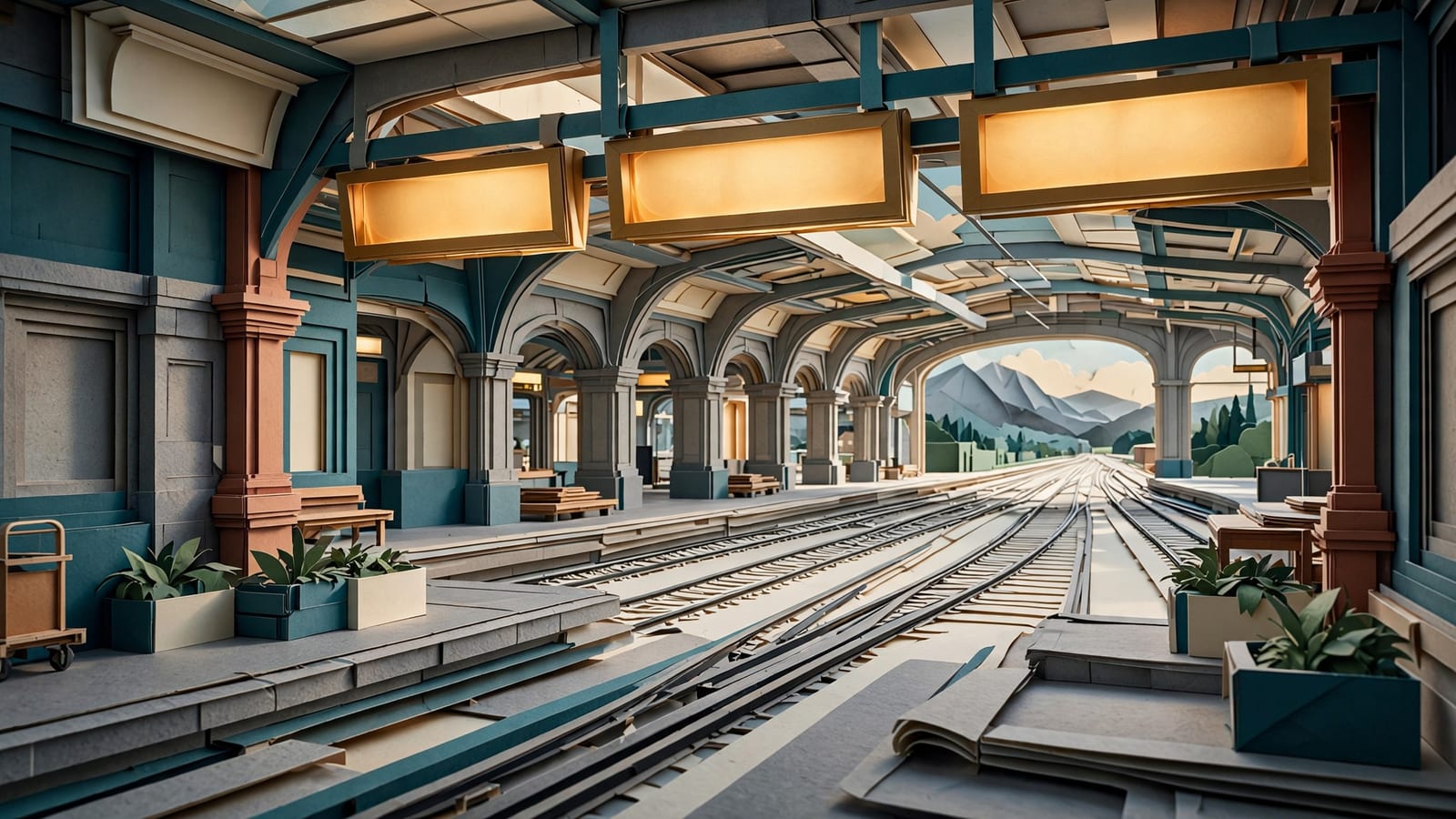 A Swiss railway concourse with departure boards glowing above empty platforms
