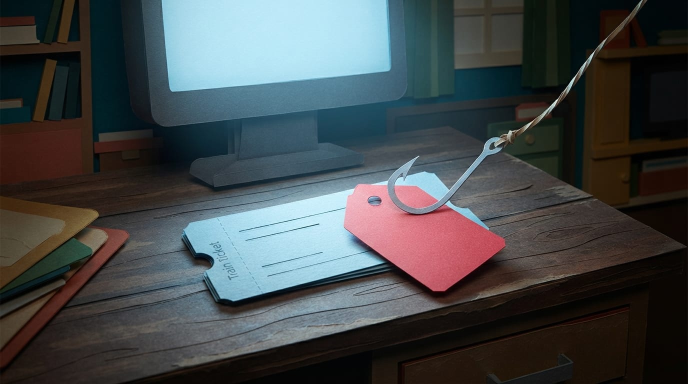 A discount tag on a train ticket pierced by a fishing hook, next to a glowing screen
