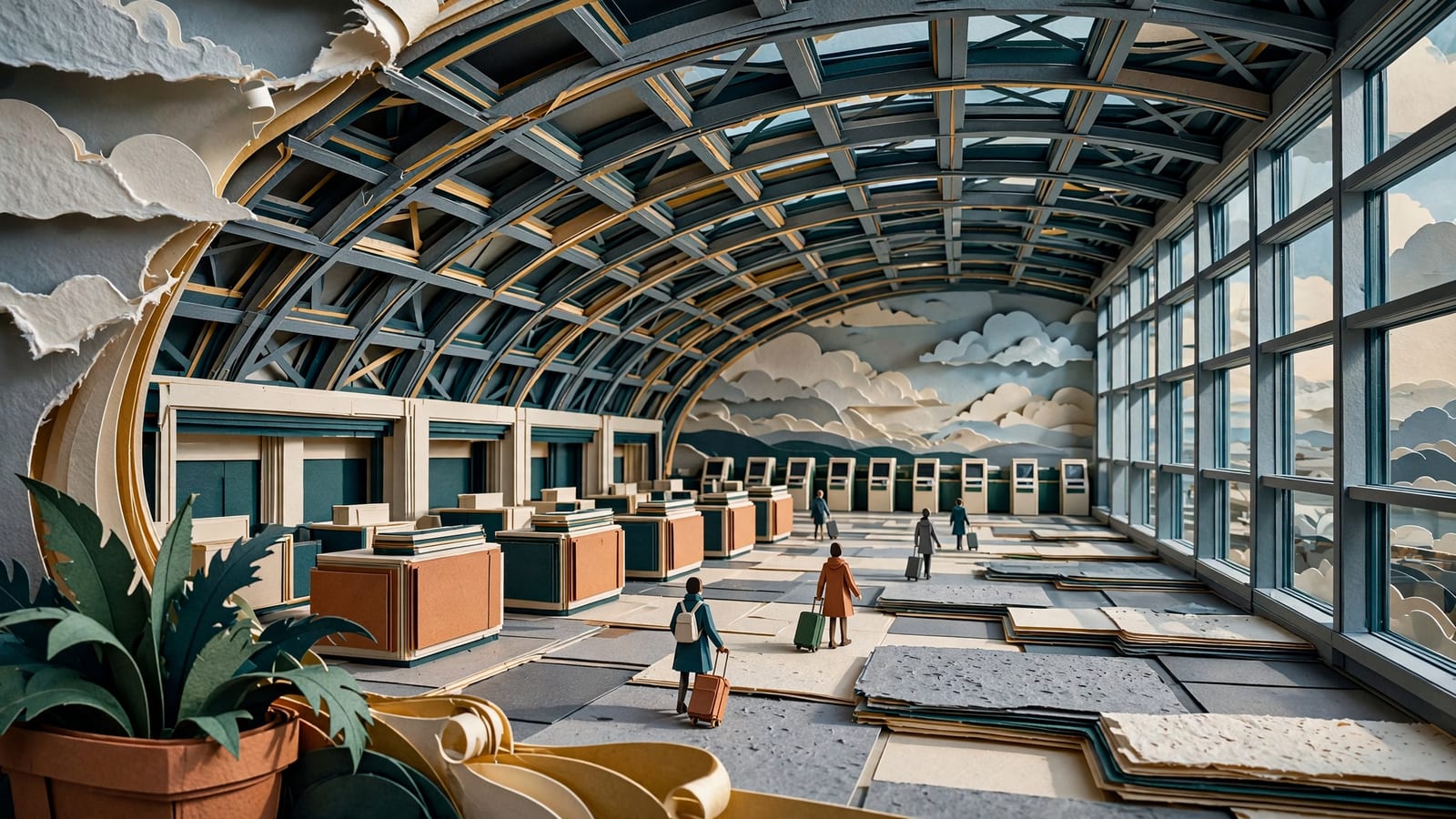 Travelers pulling suitcases past check-in desks under a steel-lattice terminal ceiling