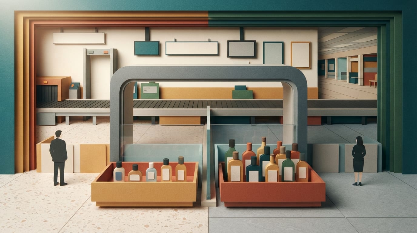 Two airport security lanes show how 2026 liquid rules differ, small bottles in one tray and full size bottles in the other