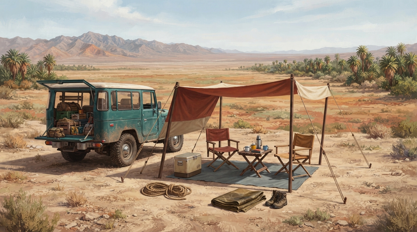 Editorial illustration of A single measured-out car-camping site in pale desert dirt, a parked vehicle's tailgate open at its edge, a canvas shade