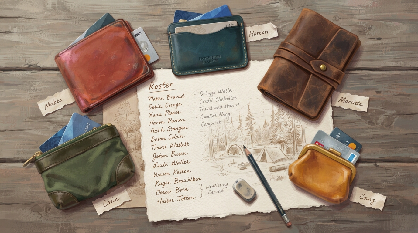Editorial illustration of Overhead flat-lay of several different wallets and payment cards fanned out around a single handwritten roster page, eac