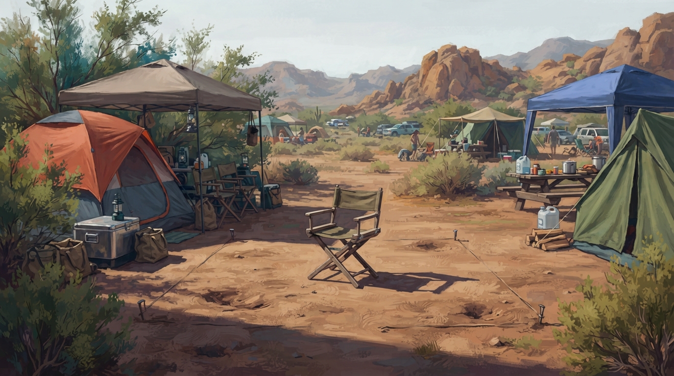 Editorial illustration of An empty staked patch of desert campsite sitting between two fully set-up neighbors, a single lone folding chair with no