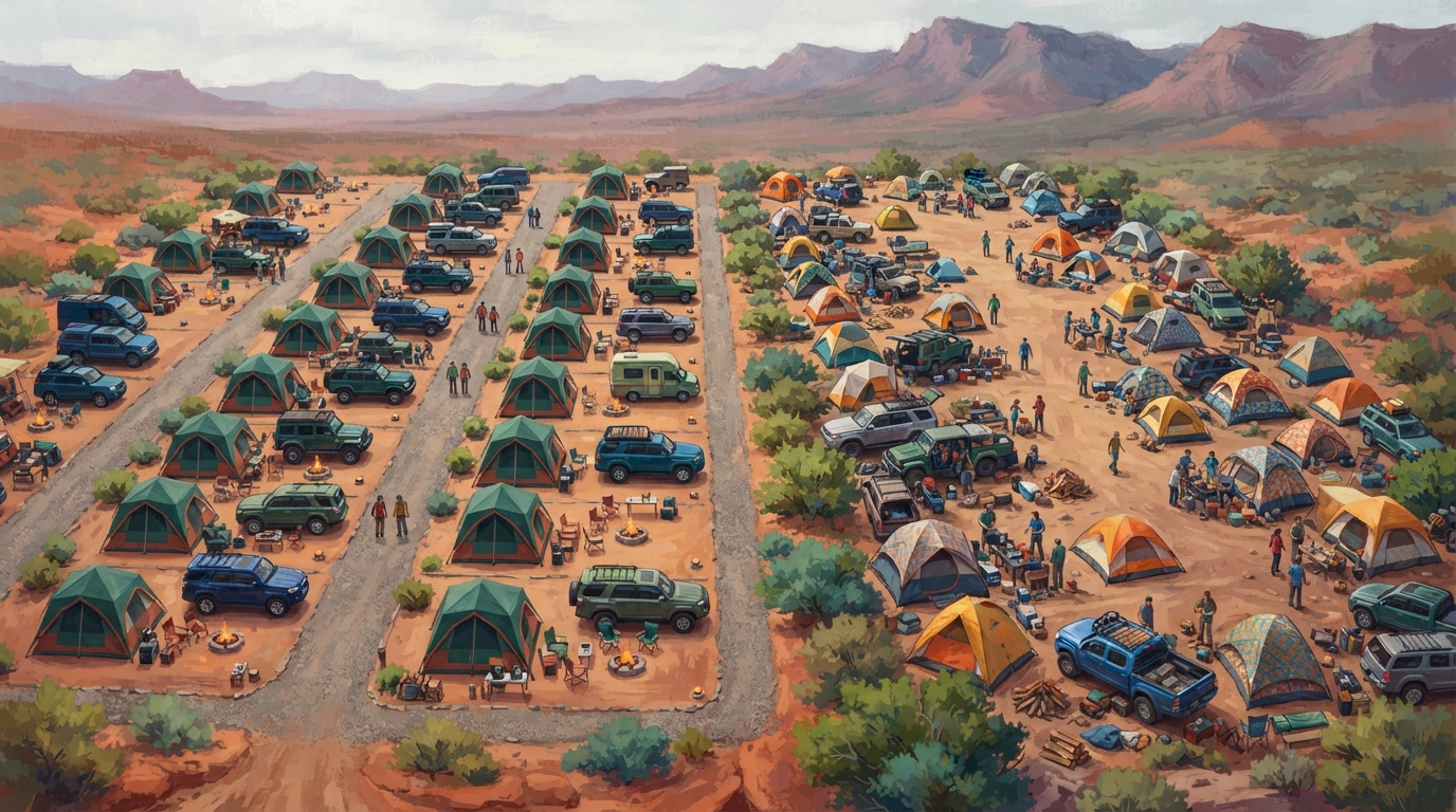 Editorial illustration of Aerial-style illustrated view of a desert car-camping lot, one section neatly organized with matching color-coded tent c