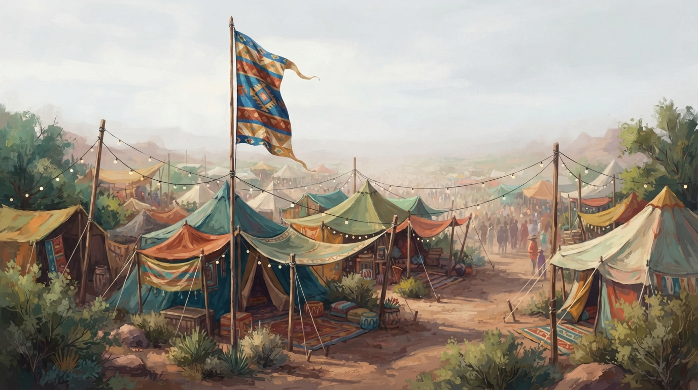 Editorial illustration of A tall, distinctively patterned flag staked at the corner of a desert campsite, visible above a cluster of tents and sha