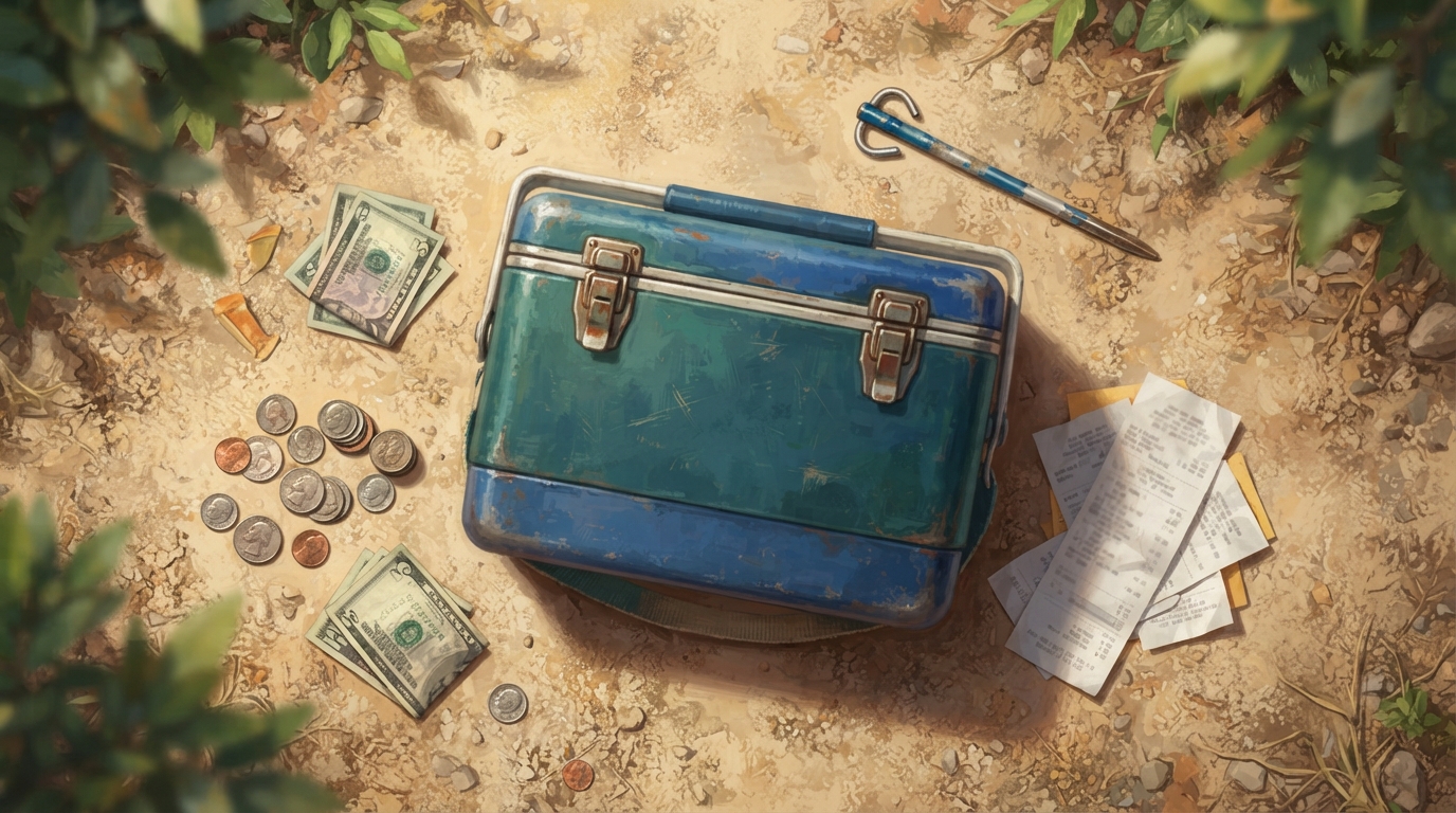 Editorial illustration of Overhead flat-lay of a battered camp cooler surrounded by small loose stacks of coins and folded bills of different deno