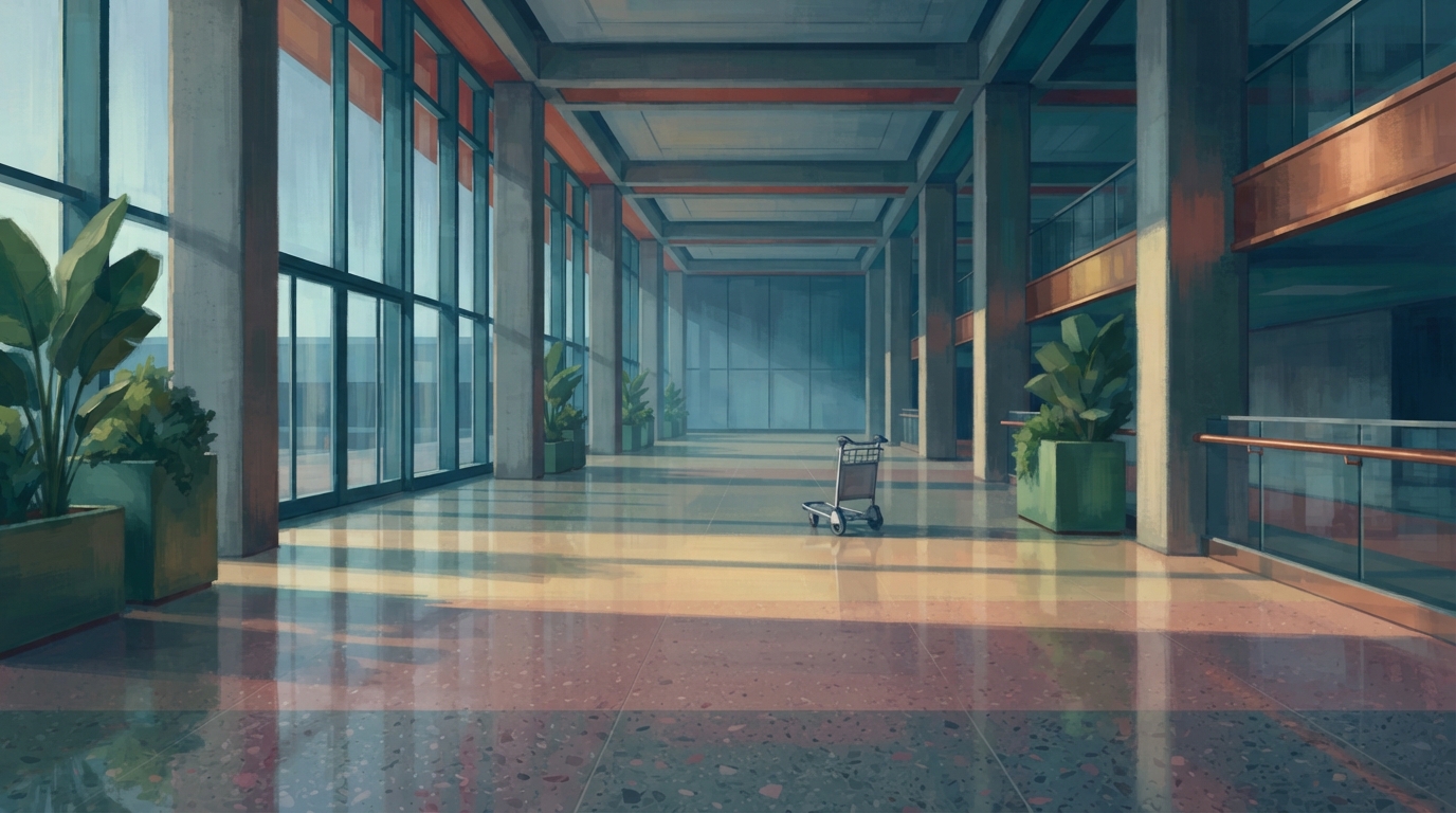 Editorial illustration of a vast empty airport arrivals hall at dawn with a single luggage trolley on a polished floor