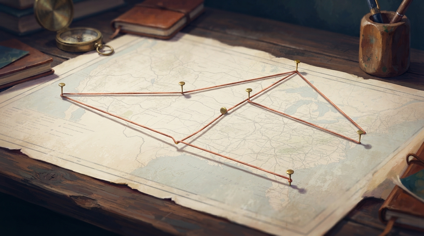 Editorial illustration of an unmarked paper chart on a dark desk with four fresh copper threads laid across it between brass pins