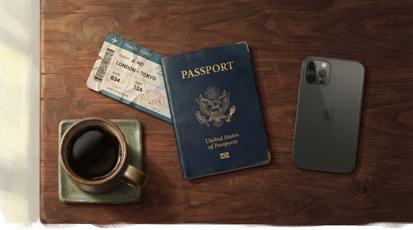 Editorial illustration of an overhead flat lay with a closed passport, a face-down phone, a folded ticket stub and a cup of black coffee on dark wood