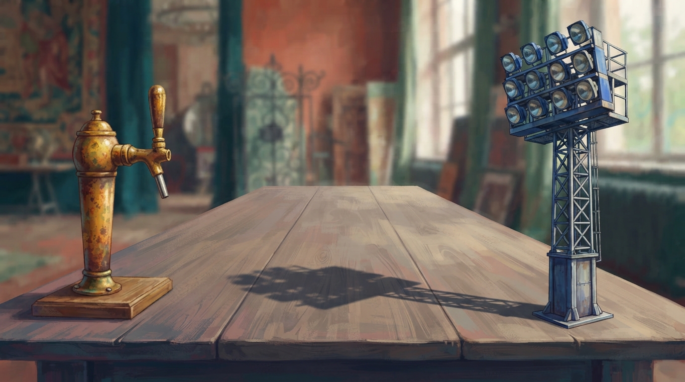 Editorial illustration of a brass beer tap and a stadium floodlight at opposite ends of a table, their shadows overlapping in the middle