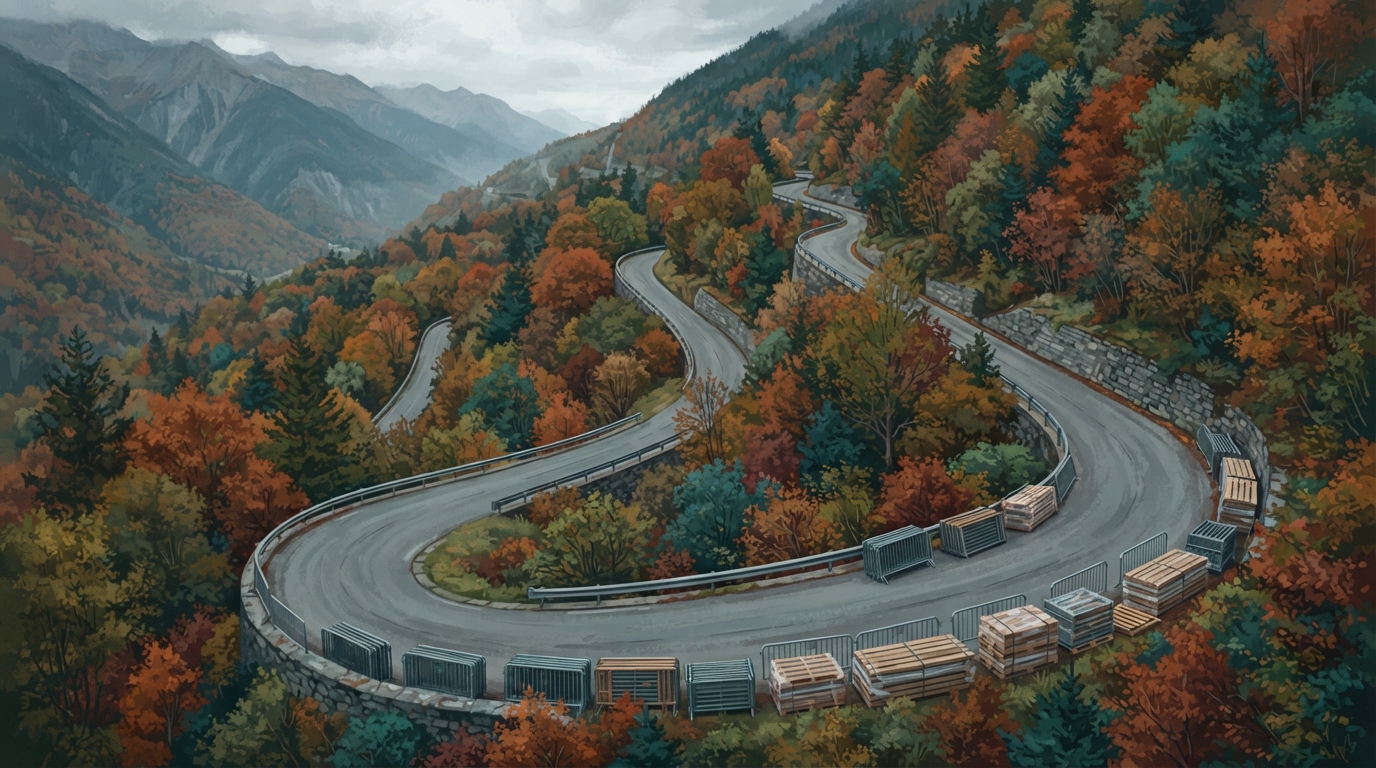 Editorial illustration of a steep switchbacking road up a wooded hillside in full autumn colour, crowd barriers stacked and unopened along the verge