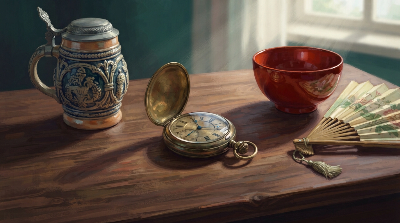 Editorial illustration of a brass pocket watch on a dark table flanked by a beer stein and a lacquered bowl, one window of time pulled at by two destinations, for the best travel destinations autumn 2026