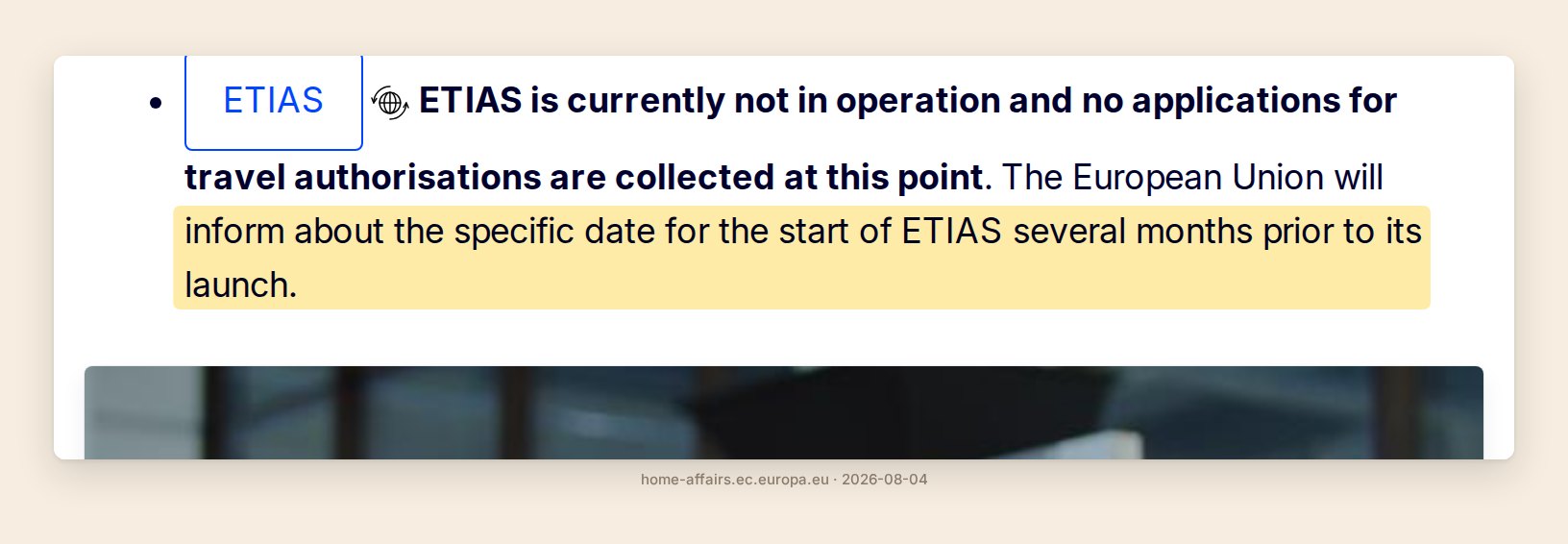 The European Commission's Smart Borders page stating that the EU will announce the ETIAS start date several months prior to its launch