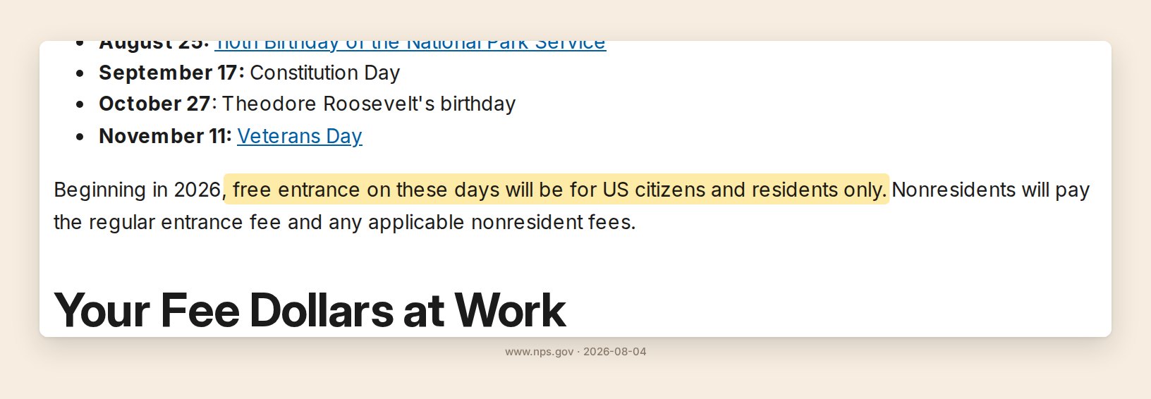 The National Park Service fee-free days page stating that from 2026 free entrance on those days is for US citizens and residents only