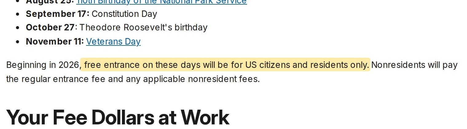 The National Park Service fee-free days page stating that from 2026 free entrance on those days is for US citizens and residents only