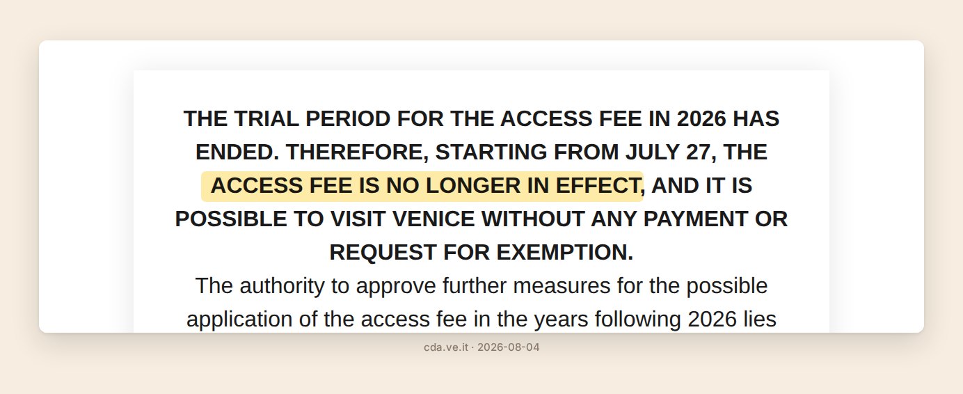 The City of Venice access fee portal stating that the 2026 trial has ended and the access fee is no longer in effect