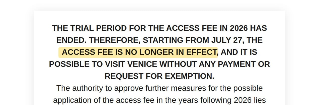 The City of Venice access fee portal stating that the 2026 trial has ended and the access fee is no longer in effect