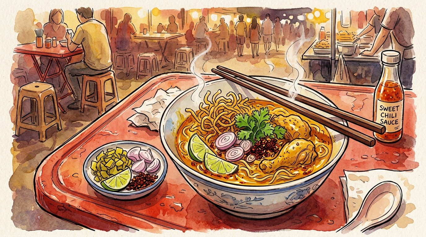 Aquarellillustration einer thailändischen Streetfood-Nudelschale an einem Marktstand in Chiang Mai