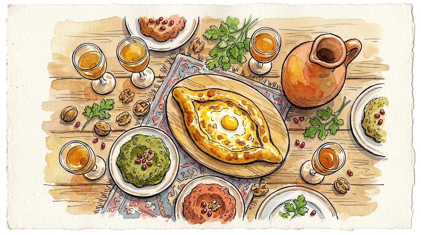 Aquarellillustration eines georgischen Supra-Festmahls mit Khachapuri und Wein