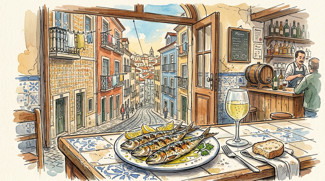 Aquarellillustration einer Lissabonner Tasca mit gegrillten Sardinen und Vinho Verde
