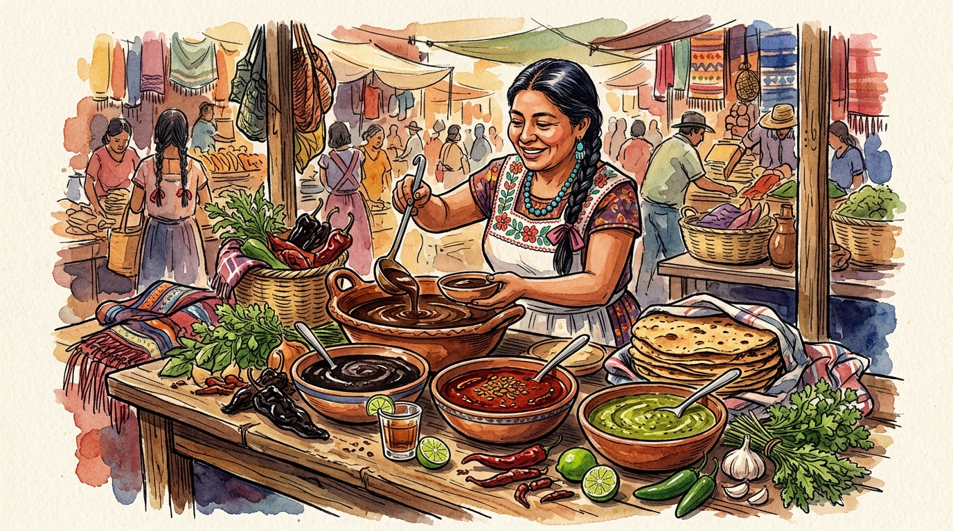 Aquarellillustration eines Oaxaca-Marktes mit Mole und Mezcal