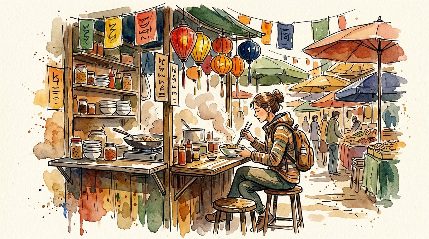 Watercolor illustration of a solo traveler seated at a worn wooden street food stall, steam rising from a bowl of noodles, colo, representing best cities for food nomads 2026