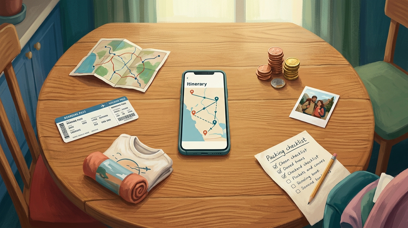 Editorial illustration of An overhead flat-lay of a tidy family kitchen table with a single phone at the center showing one connected trip plan, e