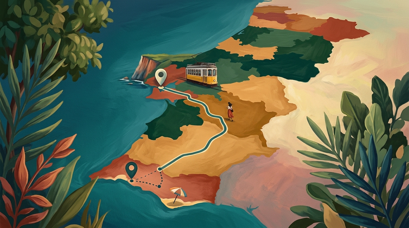 Editorial illustration of An illustrated map of Portugal with painted land regions in deep forest green and warm ochre, showing a clear route line