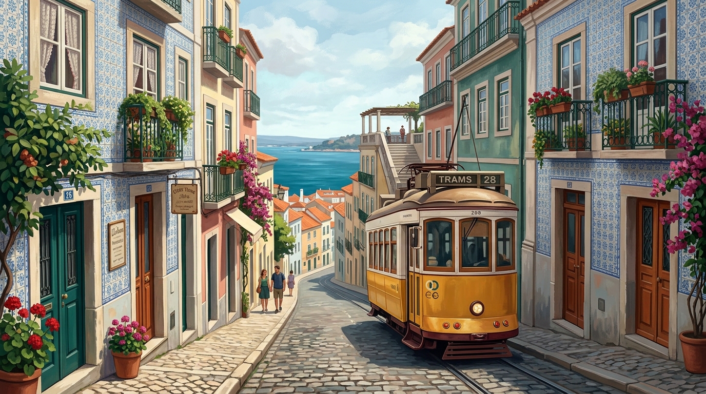 Editorial illustration of A sunny Lisbon hillside street at midday, the iconic yellow tram climbing past pastel facades clad in blue-and-white azu
