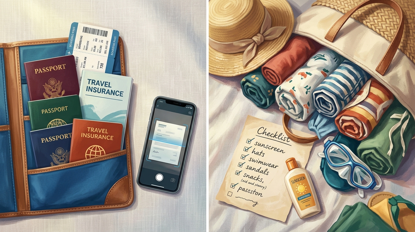Editorial illustration of An overhead flat-lay split across a linen surface into two arrangements - on one side a neat document folder holding fou