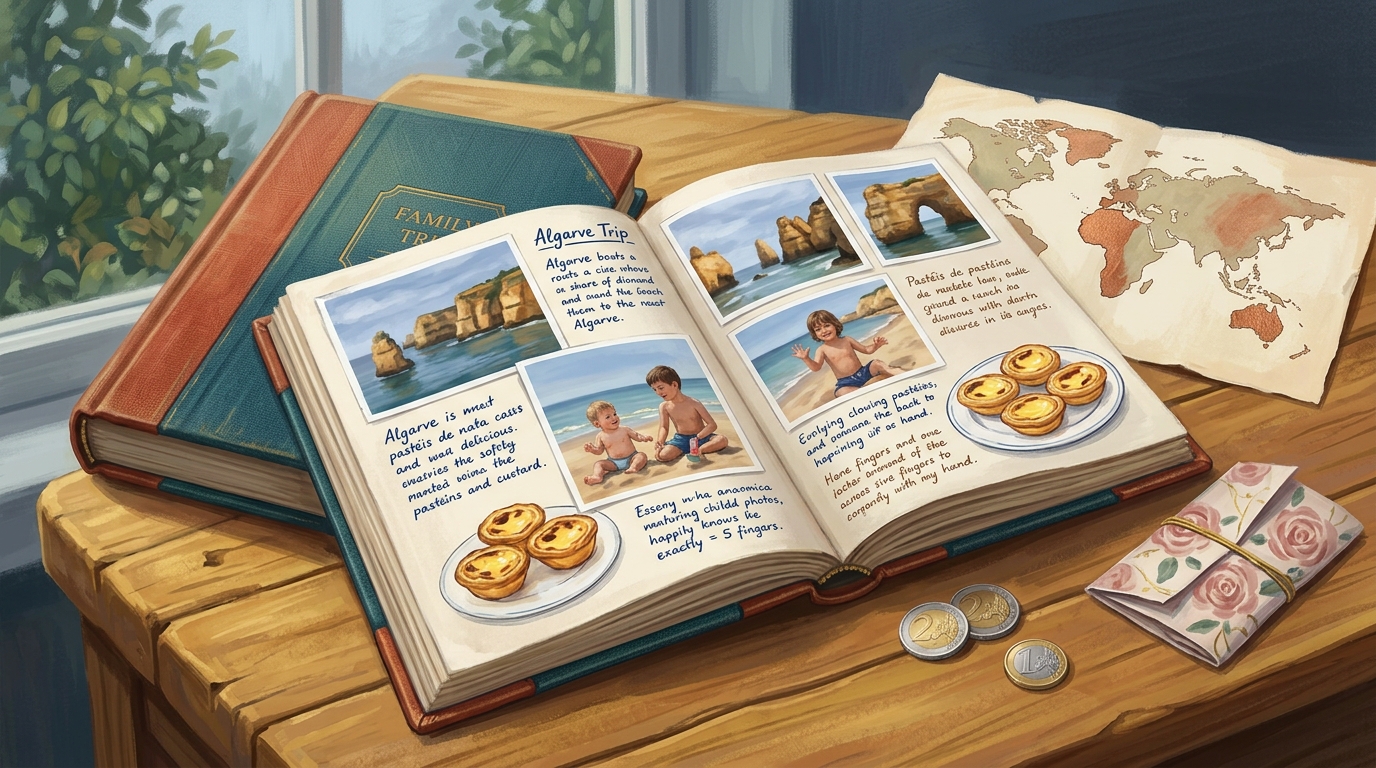 Editorial illustration of A cozy still life of a family trip journal open on a warm wooden table, its spread filled with small printed photos of a