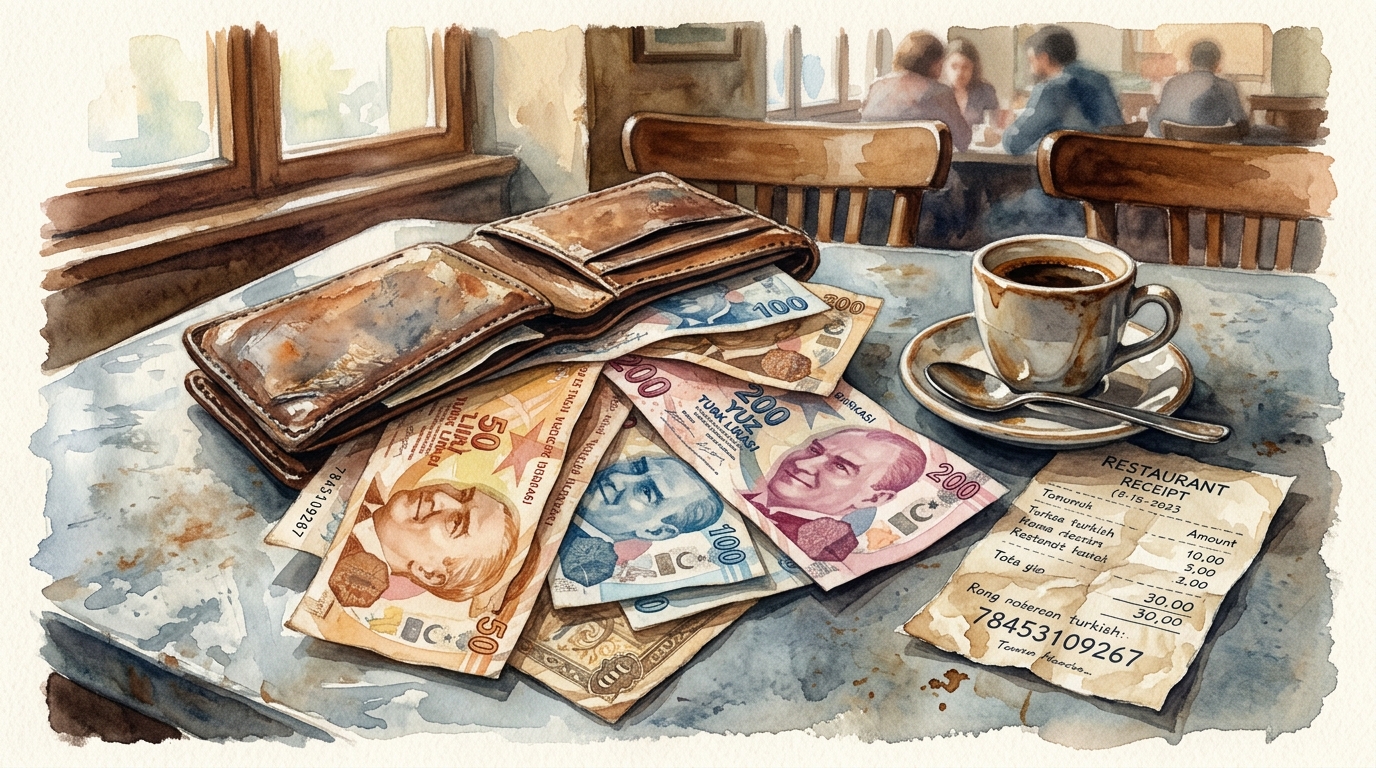 Aquarell-Illustration eines abgenutzten Lederportemonnaies, das geöffnet auf einem Zink-Cafétisch liegt und verblichene türkische Lira-Banknoten in großen Stückelungen verstreut