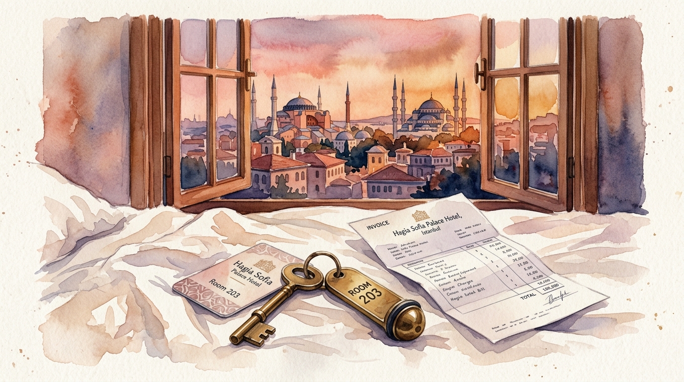 Aquarell-Illustration einer Hotel-Schlüsselkarte und eines Messingschlüssels, die gekreuzt auf einem zerknitterten weißen Leinenlaken liegen, daneben eine gefaltete Hotelrechnung